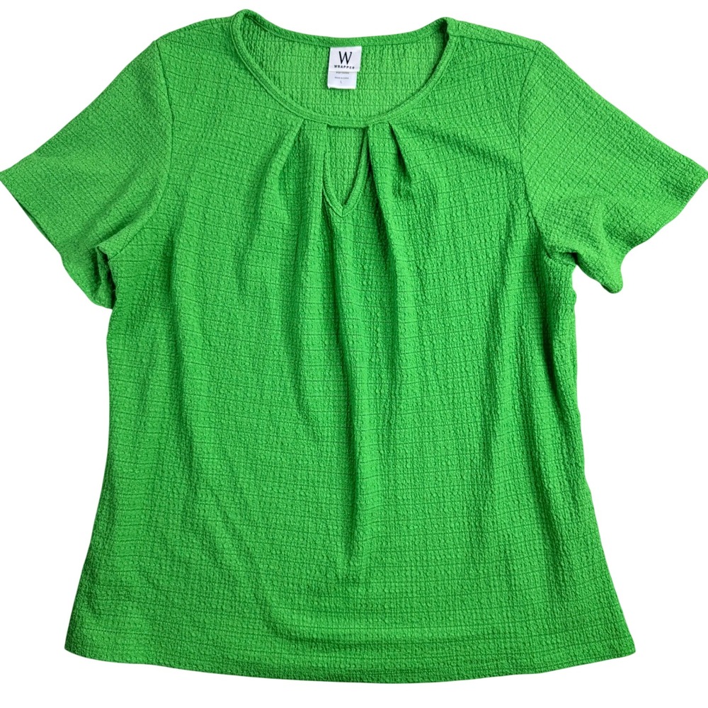 Wrapper Womens Green Textured Keyhole Pleated Short Sleeve Top AMT1427-K119 L